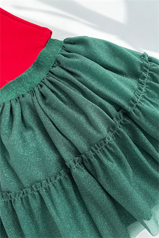 4-8 Yaş Yeniyıl Ağaç Desen Etekli Kız Çocuk Takım Kırmızı