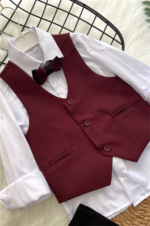 Yelekli Papyonlu Erkek Çocuk Takım Elbise Bordo