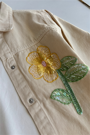 8-12 Yaş Çiçek Payetli Ceketli Gabardin  Kız Çocuk Takım Bej