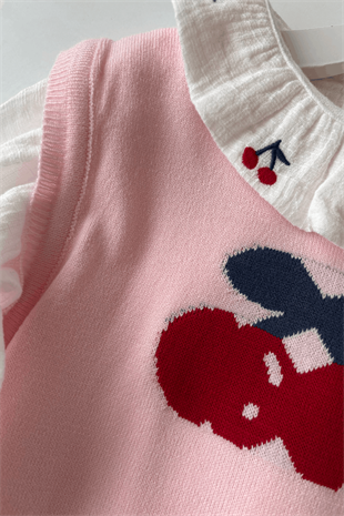 3-7 Yaş Kiraz Süveterli Pantolonlu Kız Çocuk Takım Pembe