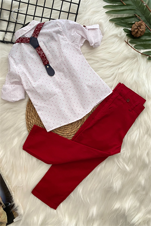 Askılı Papyonlu Desenli Erkek Çocuk Takım Elbise Kırmızı