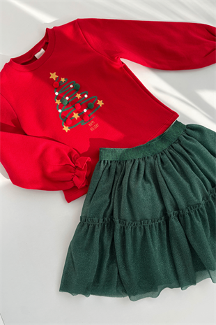 4-8 Yaş Yeniyıl Ağaç Desen Etekli Kız Çocuk Takım Kırmızı