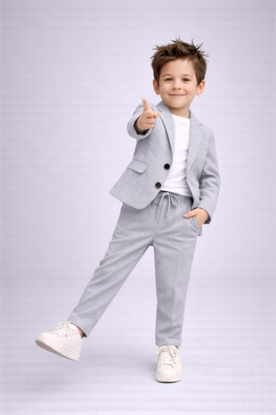 2-13 Yaş Premium Tişörtlü Başak Doku Keten Çocuk Takım Elbise Gri