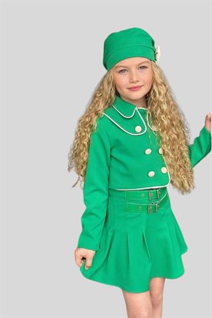 Biyeli Ceket Etek ve Şapkalı Kız Takım Yeşil