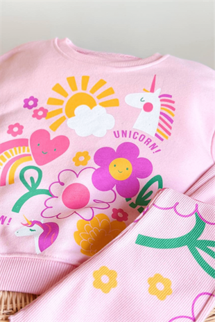 2-8 Unicorn Desenli İspanyol Taytlı Kız Çocuk Takım Pembe