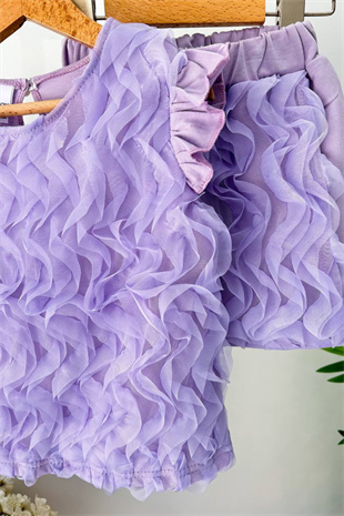 3-10 Yaş Kabartma Tül Detay Şort Etekli Kız Çocuk Takım Lila