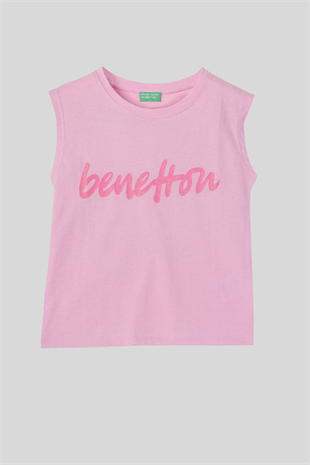 4-14 Yaş Benetton Simli Yazı Baskılı Kolsuz Kız Çocuk Atlet Pembe