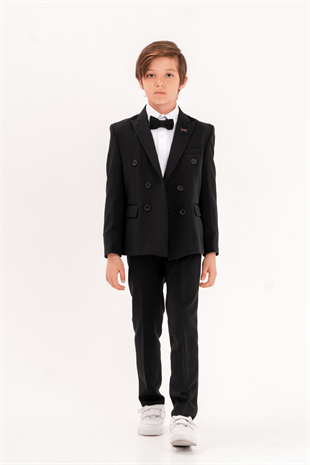 Double Kruvaze Ceketli Erkek Çocuk Takım Elbise Siyah