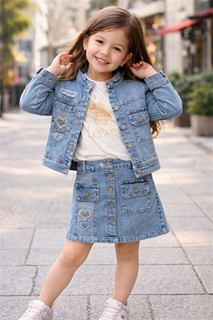 2-5 Yaş Lüx Love Taşlı Kot Ceket Badi ve Kot Etekli Kız Takım Mavi