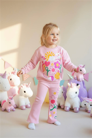 2-8 Unicorn Desenli İspanyol Taytlı Kız Çocuk Takım Pembe