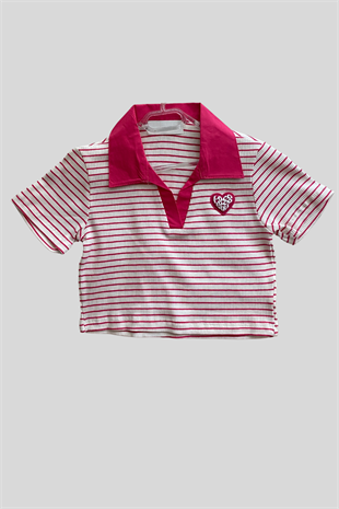 8-14 Yaş Polo Yaka Çizgili Crop Fuşya 