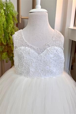 Güpür Çiçek Desenli Kız Çocuk Abiye Gelinlik Beyaz