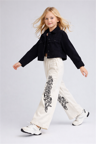 3-12 Yaş Nakış Pantolonlu Gabardin Ceketli Kız Çocuk Takım Siyah