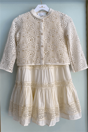 7-14 Yaş Dantelli Fistolu Elbise Ekru