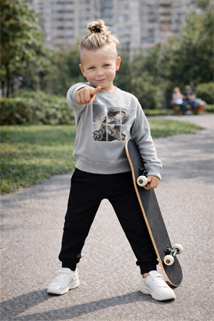 3-10 Yaş Dinozor Baskılı Erkek Çocuk Eşofman Takımı Gri