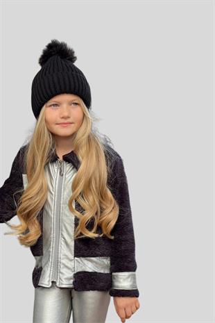 Deri Taytlı Ceketli Kız Çocuk Takım Siyah