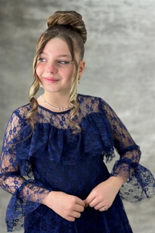 Yağmur Model Güpür Uzun Kol Çanta Dahil Kız Çocuk Elbise Lacivert