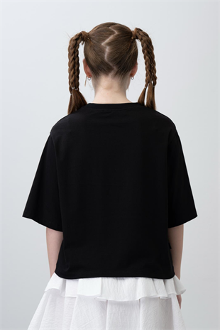 9-15 Yaş Bel Lastik Detay Kat Kat Etek Tişört Kız Takım Siyah