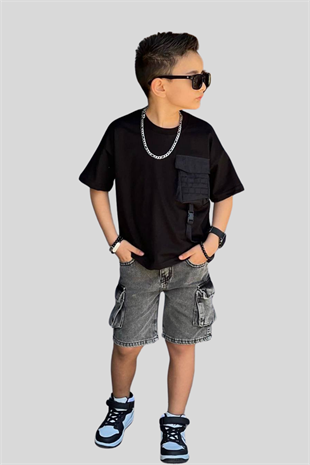 3-10 Yaş Kot Şortlu Paraşüt Cep Detay Erkek Çocuk Takım Siyah