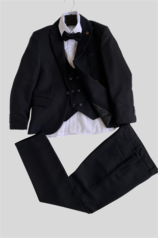 Yeleği Katlamalı Ceketli Rozetli Takım Elbise Siyah