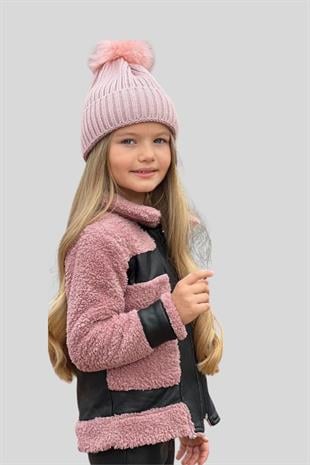 Deri Taytlı Ceketli Kız Çocuk Takım Pembe