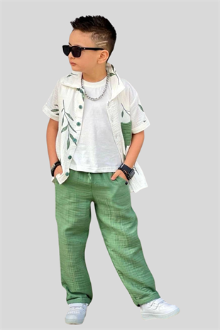 3-10 Yaş Cep Detay Kısa Kol Gömlekli Erkek Çocuk Takım Haki