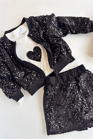 4-10 Payet Ceket ve Şort Etekli 3lü Kız Çocuk Takım Siyah