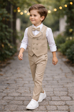 Smart Katlamalı Yelekli Çocuk Takım Elbise Latte