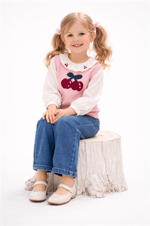 3-7 Yaş Kiraz Süveterli Pantolonlu Kız Çocuk Takım Pembe