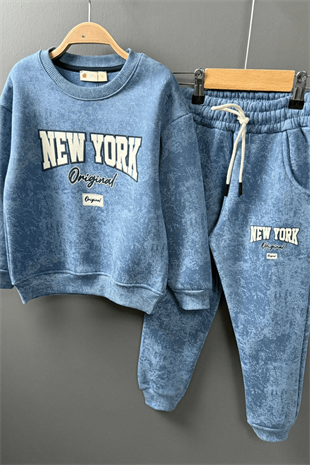 5-14 Yaş New York Batik Desen Erkek Çocuk Takım Mavi
