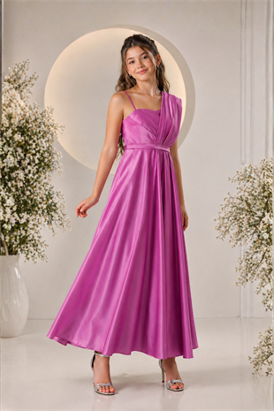 10-15 Tuana Çapraz Askı Detay Uzun Kız Çocuk Abiye Elbise Macenta