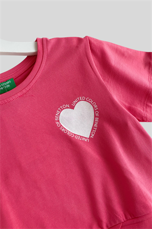 4-14 Yaş Benetton Kalp Baskı Kız Çocuk T-shirt Fuşya