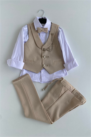 Gofre Lord Yelekli Erkek Çocuk Takım Elbise Bej