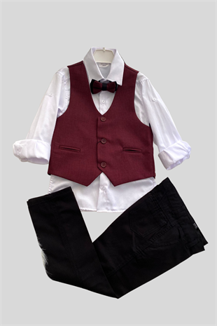 Yelekli Papyonlu Erkek Çocuk Takım Elbise Bordo