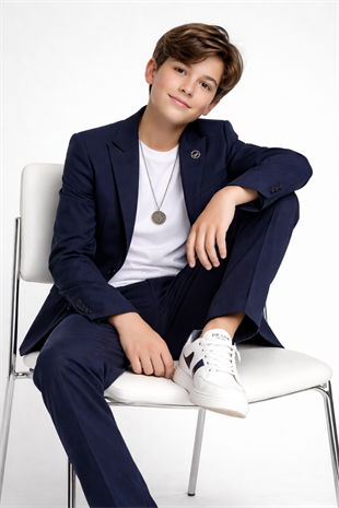 3-14 Yaş Oscar Tişörtlü Kolyeli Erkek Çocuk Takım Elbise Mezuniyet Lacivert