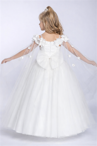 2-11 yaş Wendy Omuzları Çiçekli Kolları Tül Detay Kız Çocuk Gelinlik Ekru