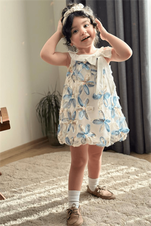 3-10 Yaş Zambak Model Kız Çocuk Elbise Mavi