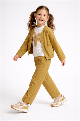 4-8 Yaş Düğmeli Ceketli Bohem 3lü Kız Çocuk Takım Yağ Yeşili