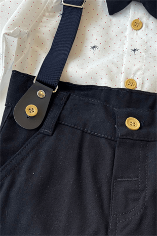 6-24 Ay Desenli Çıtçıtlı Gömlek Pantolon Askı Papyon Seti Lacivert