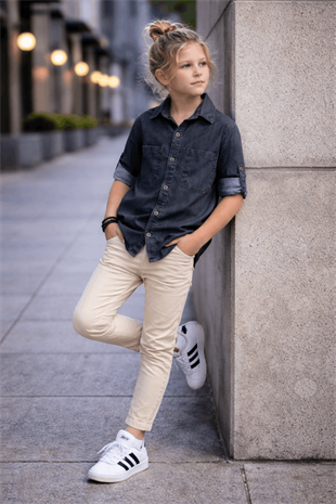 3-12 Yaş Tensel Gömlekli Gabardin Pantolonlu Çocuk Takım Füme