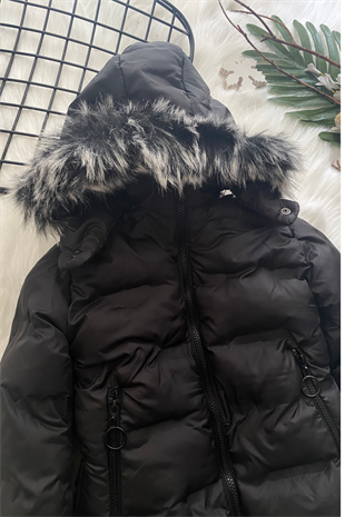 Kürk Kapüşonlu Uzun Kız Çocuk Siyah Mont  