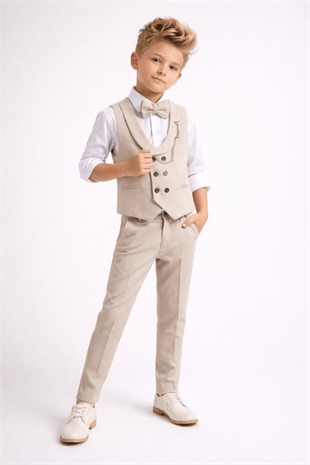 Smart Katlamalı Yelekli Çocuk Takım Elbise Bej