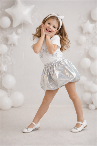 3-8 Yaş Fiyonklu Tişört Balon Etek Kız Çocuk Takım Gri