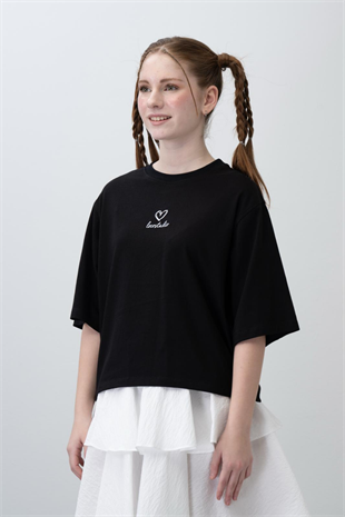 9-15 Yaş Bel Lastik Detay Kat Kat Etek Tişört Kız Takım Siyah