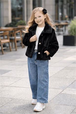 3-10 Yaş Kürk Ceketli Kotlu 3lü Kız Takım Siyah