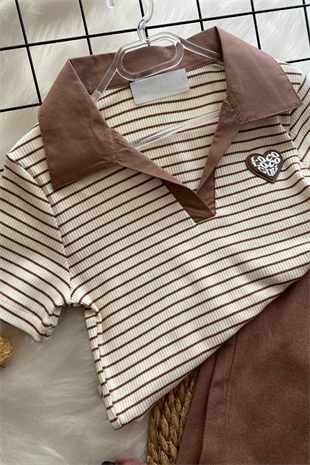 8-14 Yaş Polo Yaka Çizgili Crop Cappuccino