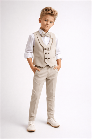 Smart Katlamalı Yelekli Çocuk Takım Elbise Bej