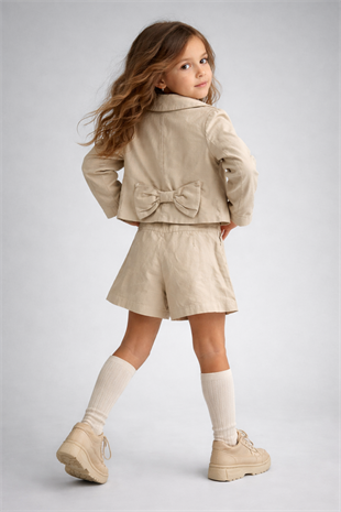 4-8 Yaş Şort Etekli Premium 3lü Kız Çocuk Takım Krem