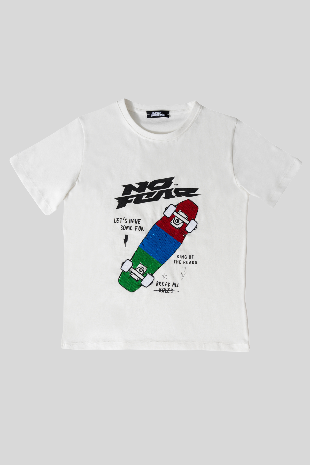 6-14 Yaş No Fear Kaykay Payetli Erkek Çocuk T-shirt Beyaz
