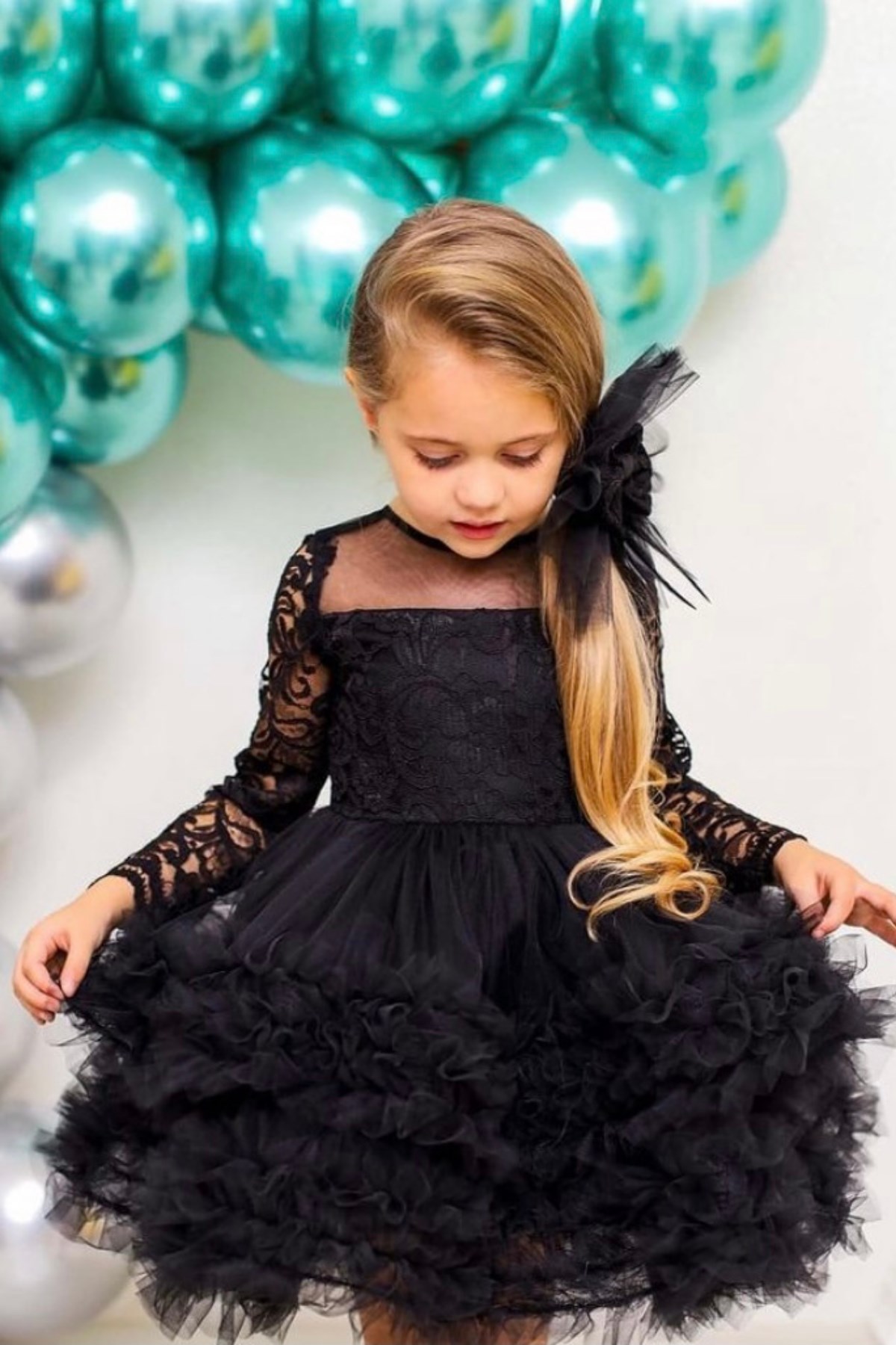 Güpür Uzun Kol Kız Çocuk Abiye Elbise Siyah | Turuncugardrop.com